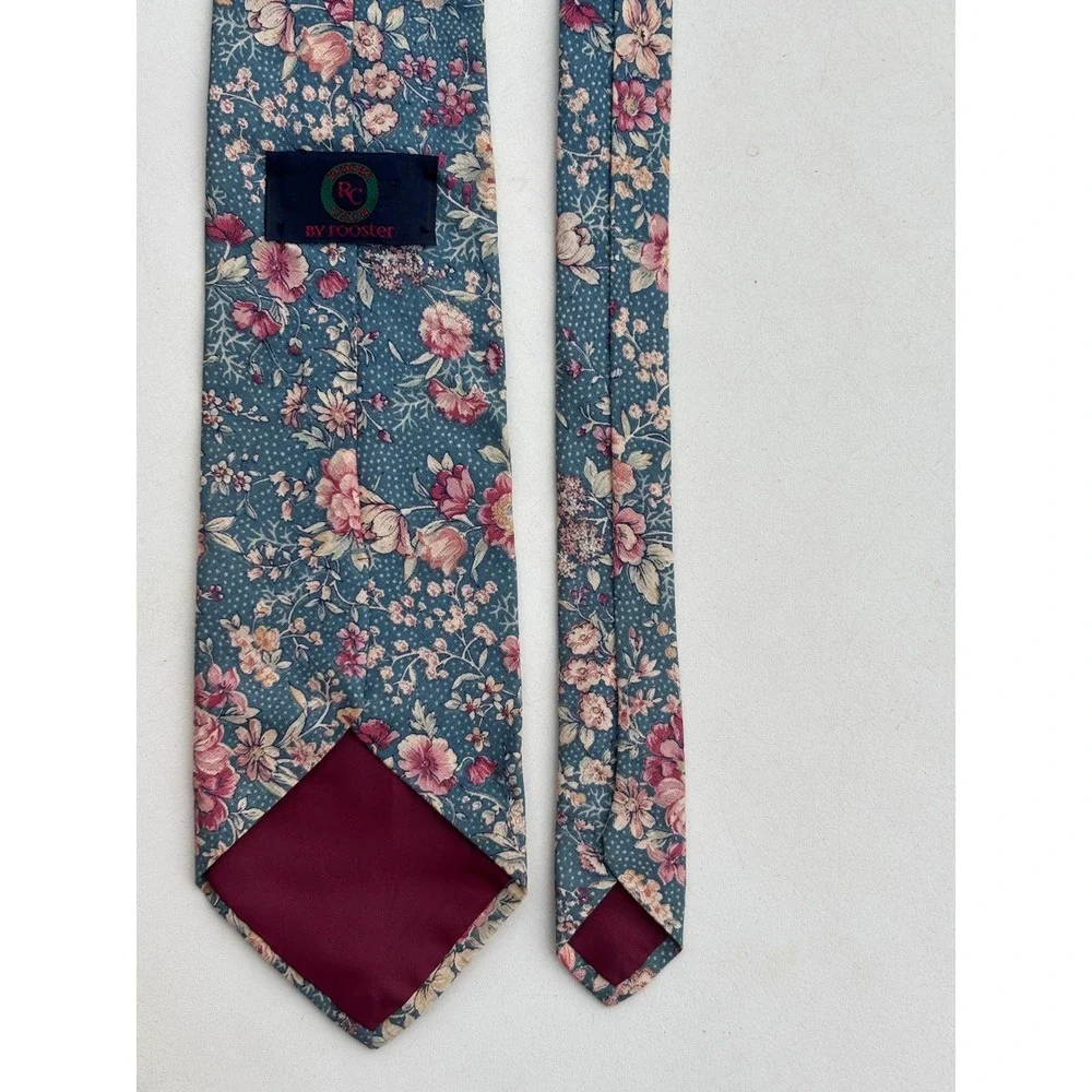Rugby Club by Rooster Mens Floral Necktie Blue Pink Vintage Style Cotton Blend